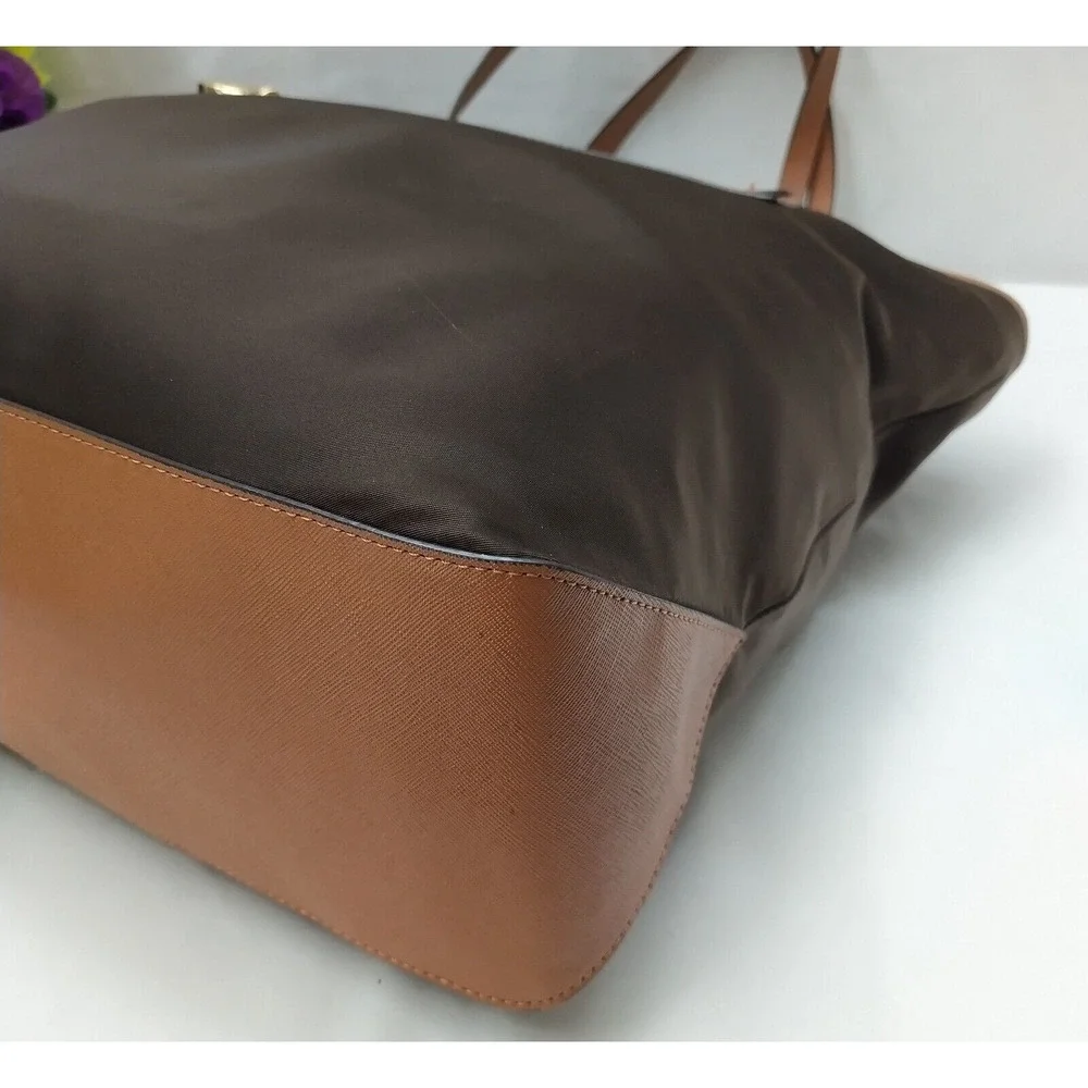 Michael Kors Brown Nylon Leather Trim Double Handles Tote Shoulder Bag